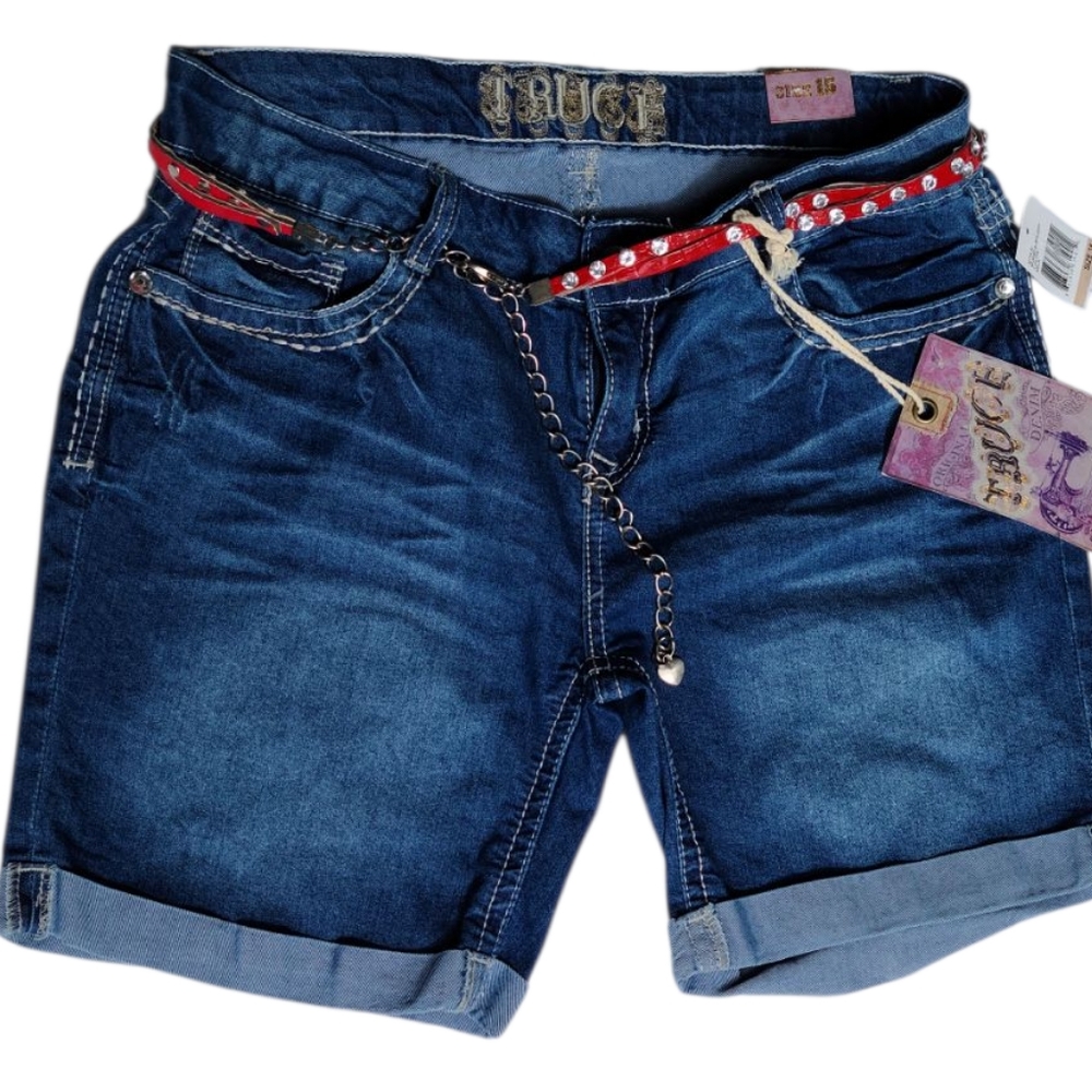 NEW Truce Shorts Blue Y2K Cuffed Bermuda Jean Denim Size 15 Junior's w/Red Belt
